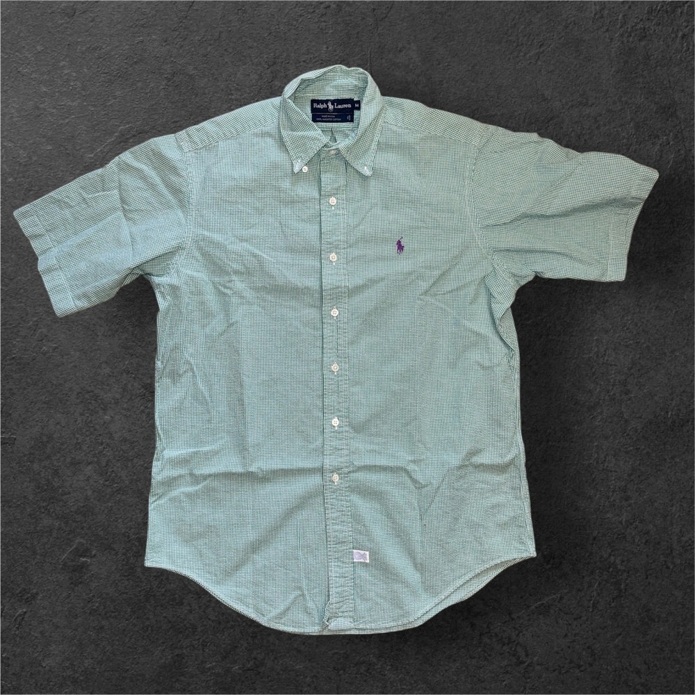 VTG Ralph Lauren‎ Button Up Men's Medium Green White Short Sleeve Gingham Shirt